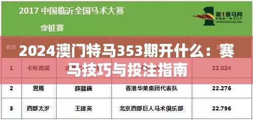 2024澳门特马353期开什么：赛马技巧与投注指南