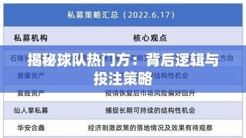 揭秘球队热门方：背后逻辑与投注策略