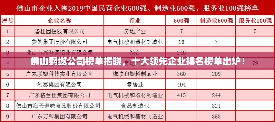 佛山钢缆公司榜单揭晓，十大领先企业排名榜单出炉！