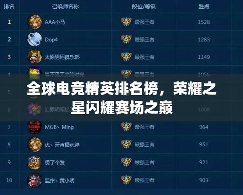 全球电竞精英排名榜，荣耀之星闪耀赛场之巅